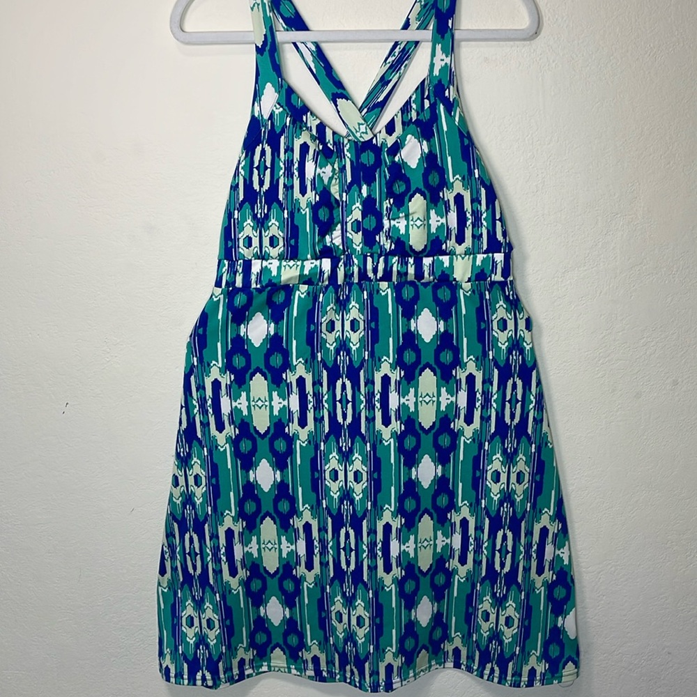 Lola AFG Tank Dress Women Large Green Blue Geometric Cross-Back Built In Bra.